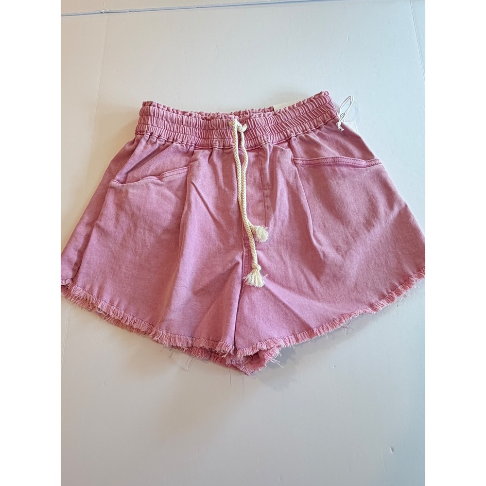 Zenana Women Pink Mineral Wash Denim Shorts High Waist Elastic Raw Hem Large
